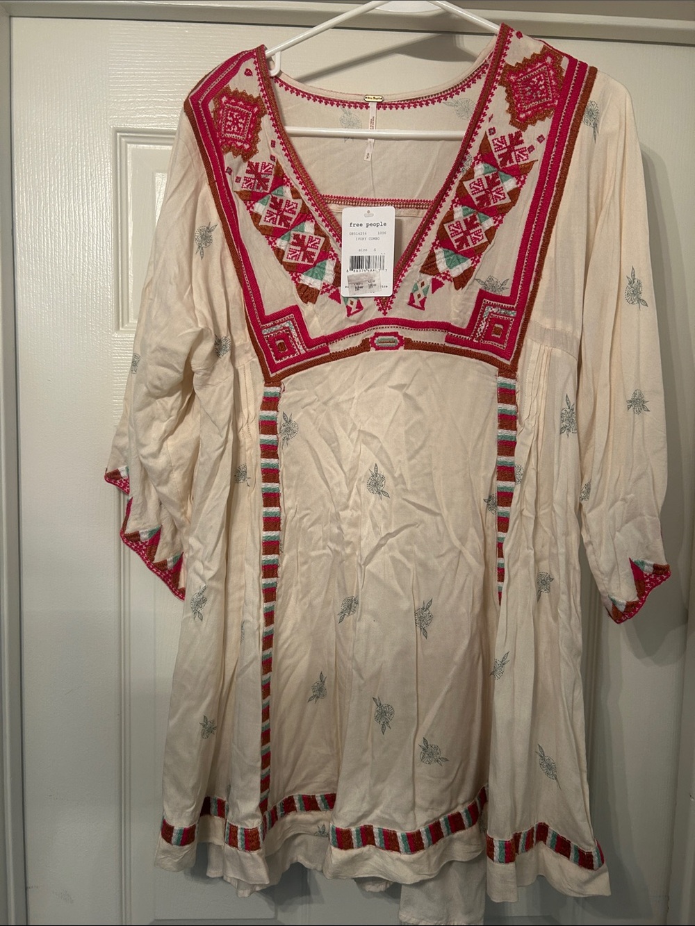 Free People Cream Tunic with Berry & Teal Embroidery NWT
